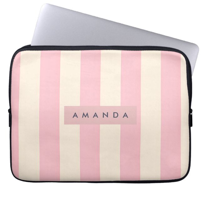 Funda Para Portátil Raya Personalizada de Rosa Suave y Crema (Frente)