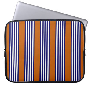 Funda Para Portátil Rayas azul y blanca de la marina con naranja quema