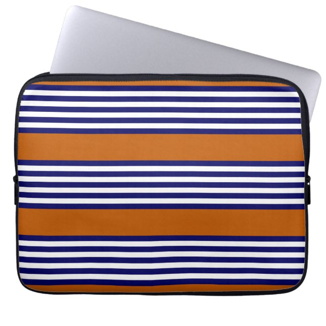 Funda Para Portátil Rayas azul y blanca de la marina con naranja quema (Frente)