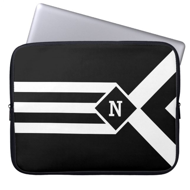 Funda Para Portátil Rayas blancas y chevrras en negro con monograma (Frente)