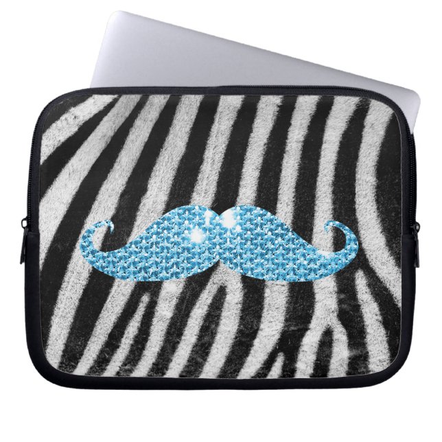 Funda Para Portátil Rayas de la cebra y bigote azul de Bling (Frente)