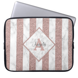 Funda Para Portátil Rayas de purpurina de oro rosa mármol monograma le