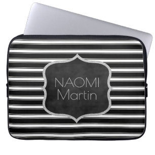 Funda Para Portátil Rayas negras del monograma   y blancas elegantes