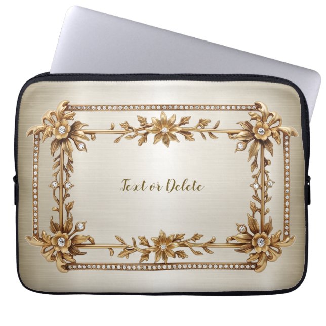 Funda Para Portátil Rectángulo Ornato Dorado Flores de diamante brilla (Frente)
