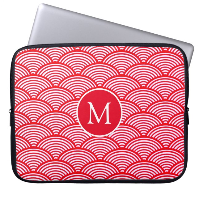Funda Para Portátil Red and White Scallop Pattern Monogram (Frente)