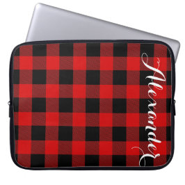Funda Para Portátil Red Black Buffalo Check Nombre de la placa Monogra