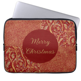 Funda Para Portátil Red Gold Pixels and Flowers, Gold Merry Christmas