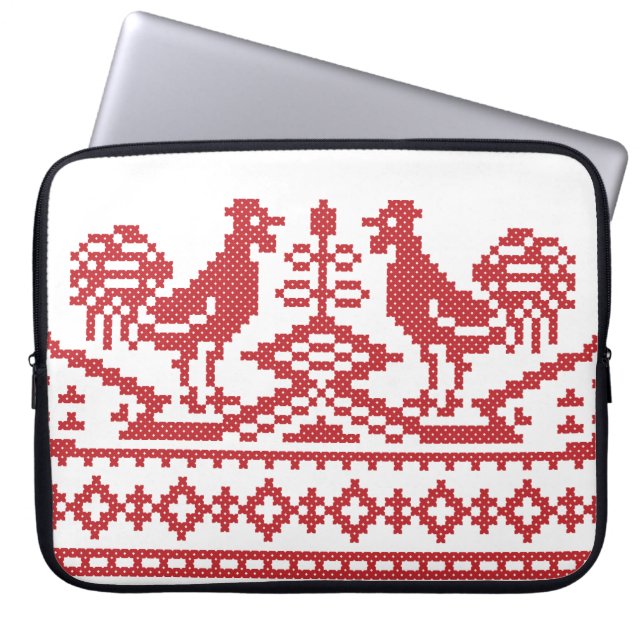 Funda Para Portátil Red Roosters cross-stitch Russian Pattern (Frente)