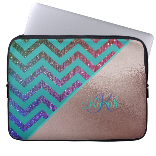 Funda Para Portátil Relieve metalizado dorado Rosa Purpurinoso Chevron (Frente)