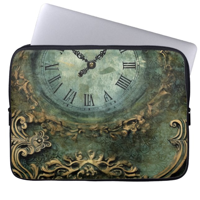 Funda Para Portátil Reloj de estilo steampunk rústico verde esmeralda (Frente)