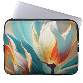 Funda Para Portátil Resplandor floral abstracto en turquesa y naranja