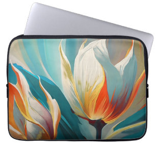 Funda Para Portátil Resplandor floral abstracto en turquesa y naranja