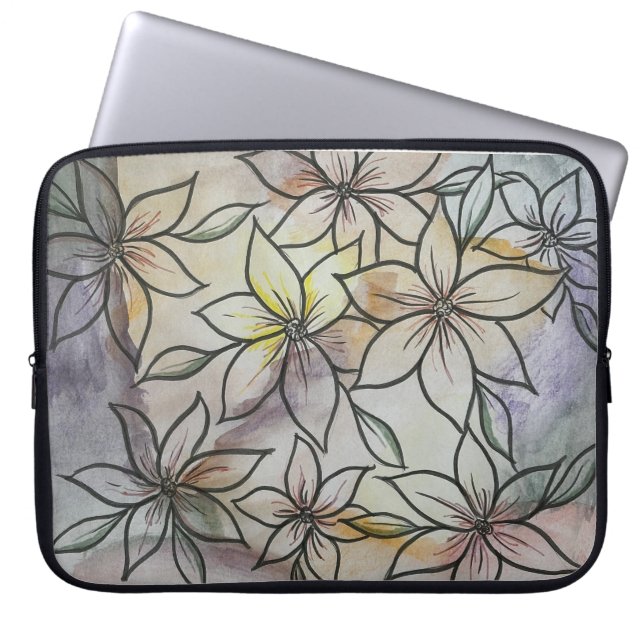 Funda Para Portátil Resumen de acuarela con diseño floral de línea neg (Frente)