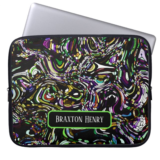 Funda Para Portátil Resumen Personalizado Arte Negro Swirl Verde (Frente)