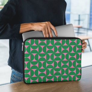 Funda Para Portátil Resumen Verde del bosque retro y geométrico rosado