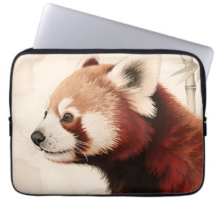 Funda Para Portátil Retrato al Acuarela de Panda Rojo y Bambú