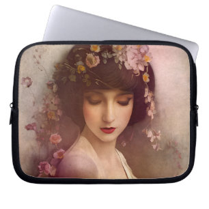 Funda Para Portátil Retrato de estilo vintage de hermosa mujer floral