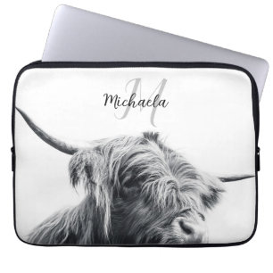 Funda Para Portátil Retrato de vaca Highland monograma inicial blanco