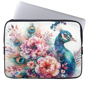Funda Para Portátil Retrato floral de color acuático de pavo real