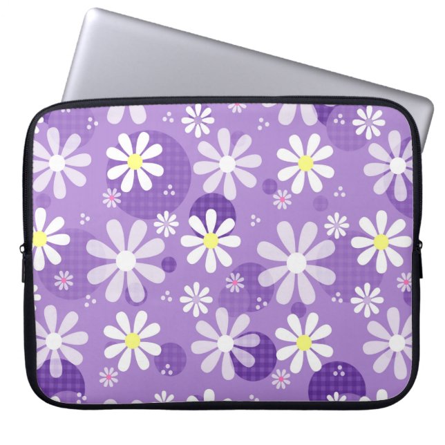 Funda Para Portátil Retro Daisies Purple Gingham Circles (Frente)