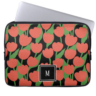 Funda Para Portátil Retro de tulipanes rojos, monograma personalizado