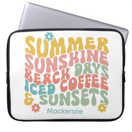 Funda Para Portátil Retro Groovy Summer Pink Monograma Nombre