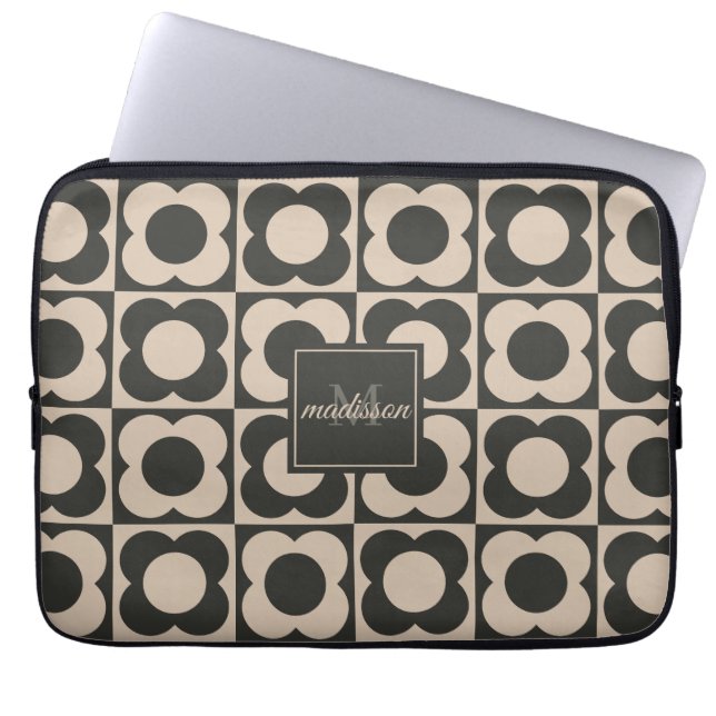 Funda Para Portátil Retro modern -Flower Checkerboard - neutral taupe  (Frente)