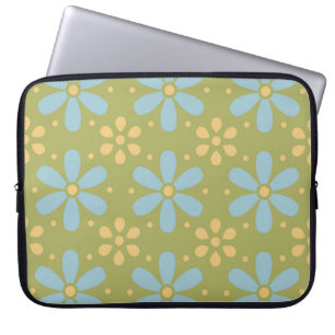 Funda Para Portátil Retro Resumen de flores azules y amarillas en verd