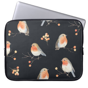 Funda Para Portátil Robins, bayas de rowan, acuarela de invierno.
