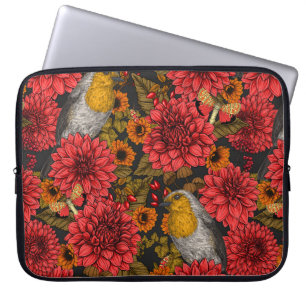 Funda Para Portátil Robins en el jardín de otoño, dahlias rojas en neg
