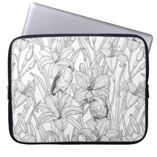 Funda Para Portátil Robins y flores de lilo, negro y blanco