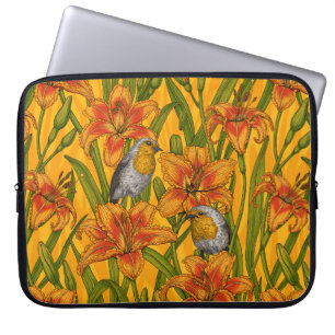 Funda Para Portátil Robins y flores de lirio, naranja y verde