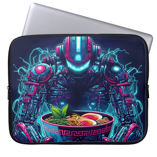 Funda Para Portátil Robot Cyberpunk Futurista Neon Comida Ramen (Frente)