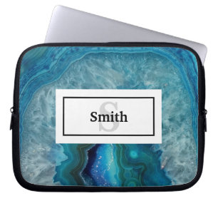 Funda Para Portátil Roca de Geode Azul con Nombre y Monograma