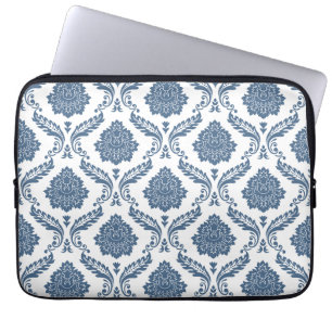 Funda Para Portátil Rococó Damask Patrón Grande Azul sobre Blanco