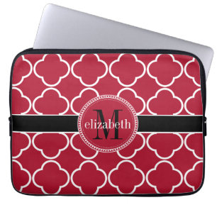 Funda Para Portátil Roja   Negro   Monograma de trébol de cuatrefoil b