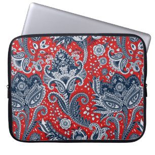 Funda Para Portátil Rojo Blanco y Azul Floral Paisley Boho Bohemio