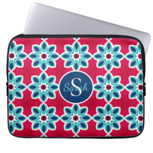 Funda Para Portátil Rojo Brillante y Monograma Geométrico Moderno Azul