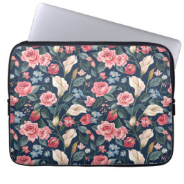 Funda Para Portátil Romantic Navy Blue Floral Garden Pattern