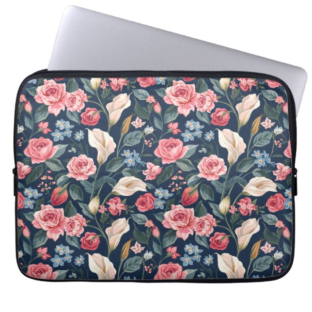 Funda Para Portátil Romantic Navy Blue Floral Garden Pattern (Frente)