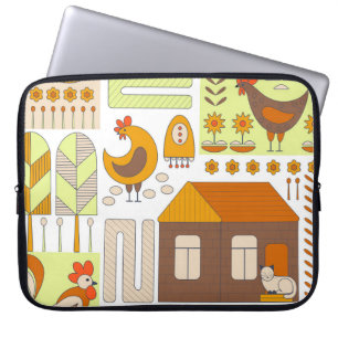 Funda Para Portátil Rooster, gallinas, dibujo floral geométrico.