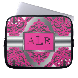 Funda Para Portátil Rosa adornado del damasco, negro, plata