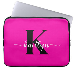 Funda Para Portátil Rosa Caliente Monograma Negro