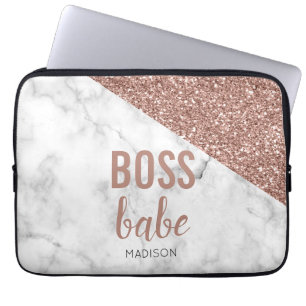 Funda Para Portátil Rosa de Monograma Purpurina de oro Mármol Boss B