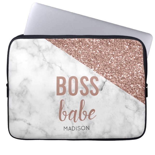 Funda Para Portátil Rosa de Monograma Purpurina de oro | Mármol Boss B (Frente)