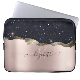Funda Para Portátil Rosa de oro con monograma de brillo negro moderno