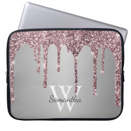 Funda Para Portátil Rosa Dorado Glitter de Rosa Gotea Monograma de Nom
