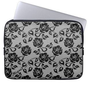 Funda Para Portátil Rosa Faux Black Lace Fishnet Laptop Sleeve