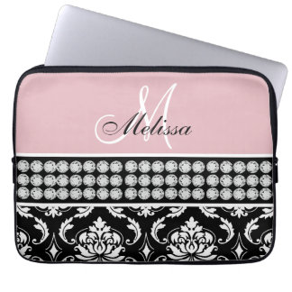 Funda Para Portátil Rosa impreso damasco negro con monograma de los