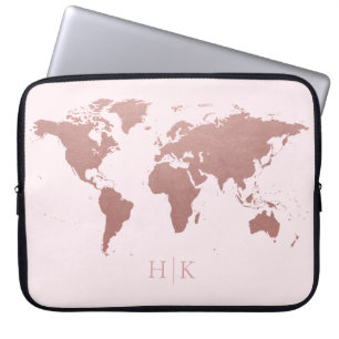 Funda Para Portátil Rosa Mapa del Mundo Rosa de Oro Elegante Monograma